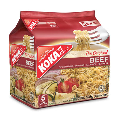 Koka Eliss beef instant noodles packaging on a white background