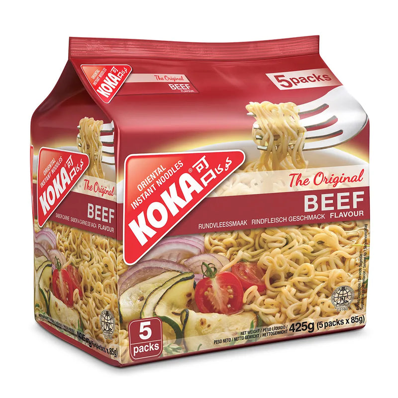Koka Eliss beef instant noodles packaging on a white background