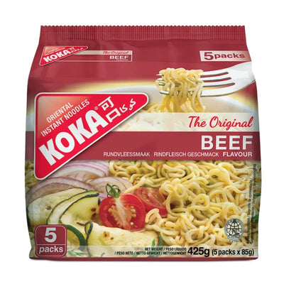 Koka instant noodles packaging with beef flavor on a white background