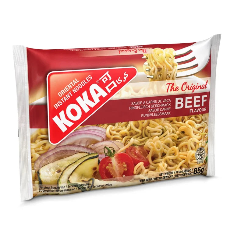 Koka instant noodles package with beef flavor on a white background