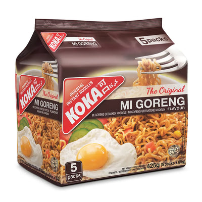 Koka Mi Goreng instant noodles packaging with images of noodles and an egg on a white background.