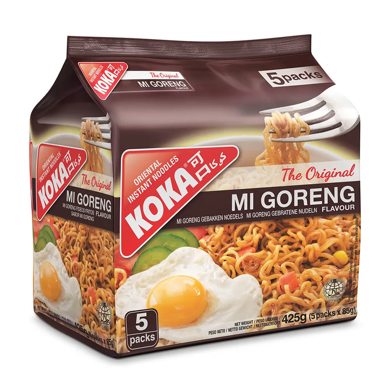 Koka Mi Goreng instant noodles packaging with images of noodles and an egg on a white background.