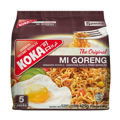 Koka Mi Goreng instant noodles packaging with a fork and egg on a white background