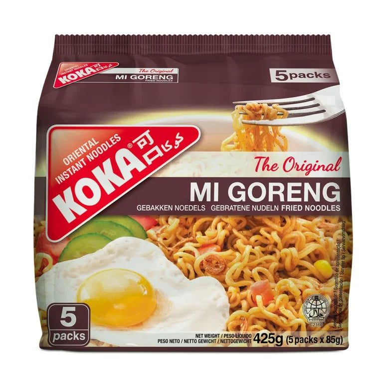 Koka Mi Goreng instant noodles packaging with a fork and egg on a white background