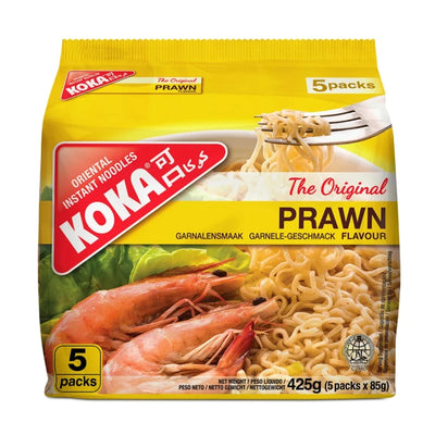 Packaging of Koka instant noodles with prawn flavor on a white background