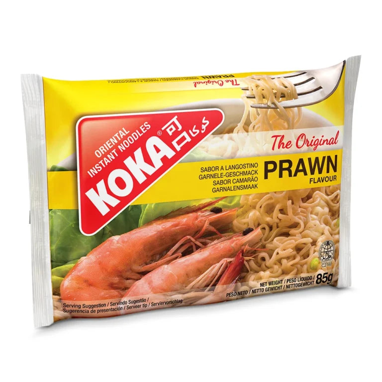 Koka prawn-flavored instant noodles packaging on a white background
