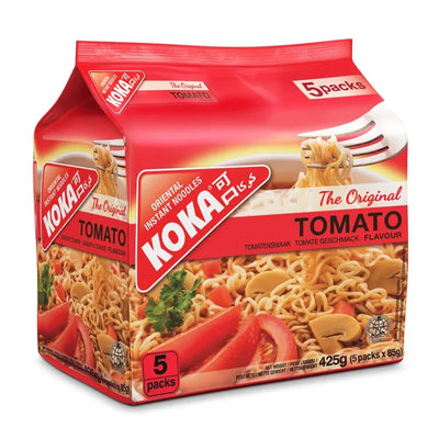 Koka Tomato instant noodles packaging with a red background