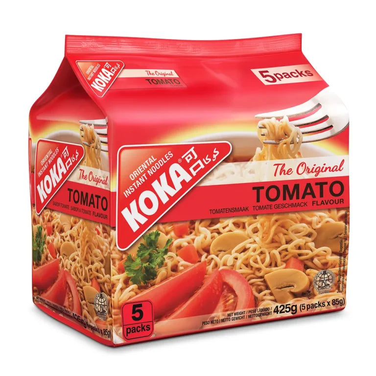 Koka Tomato instant noodles packaging with a red background