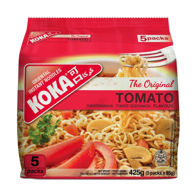 Koka Biss tomato-flavored instant noodles packaging on a white background
