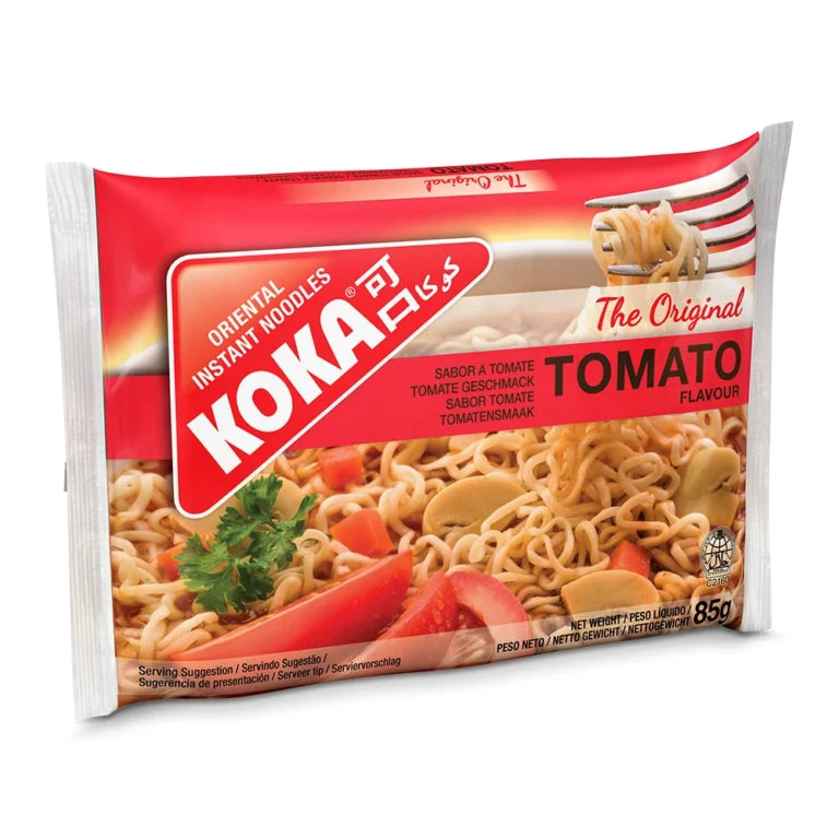 Koka tomato-flavored instant noodles packaging on a white background