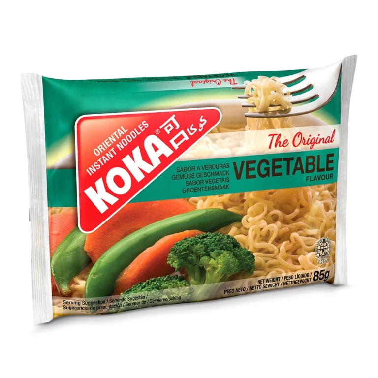 Koka vegetable-flavored instant noodles packaging on a white background
