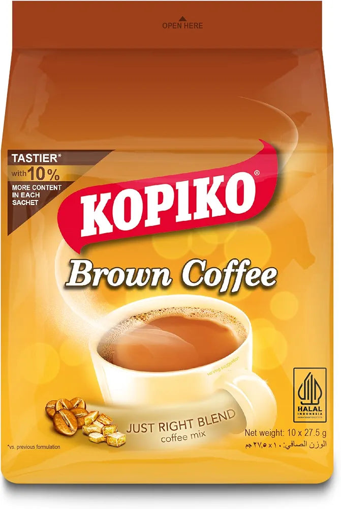 A package of Kopiko Brown Coffee instant coffee mix, featuring a brown and yellow bag with a red Kopiko logo and an illustration of a cup of coffee.