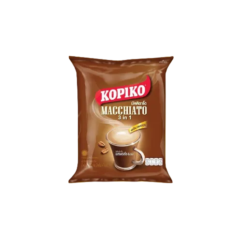 Kopiko Macchiato 3 in 1 coffee package on a yellow background