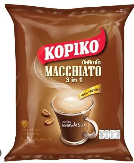 Kopiko Macchiato 3 in 1 coffee package on a white background