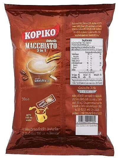 Kopiko Macchiato 3 in 1 coffee package with branding and nutritional information.