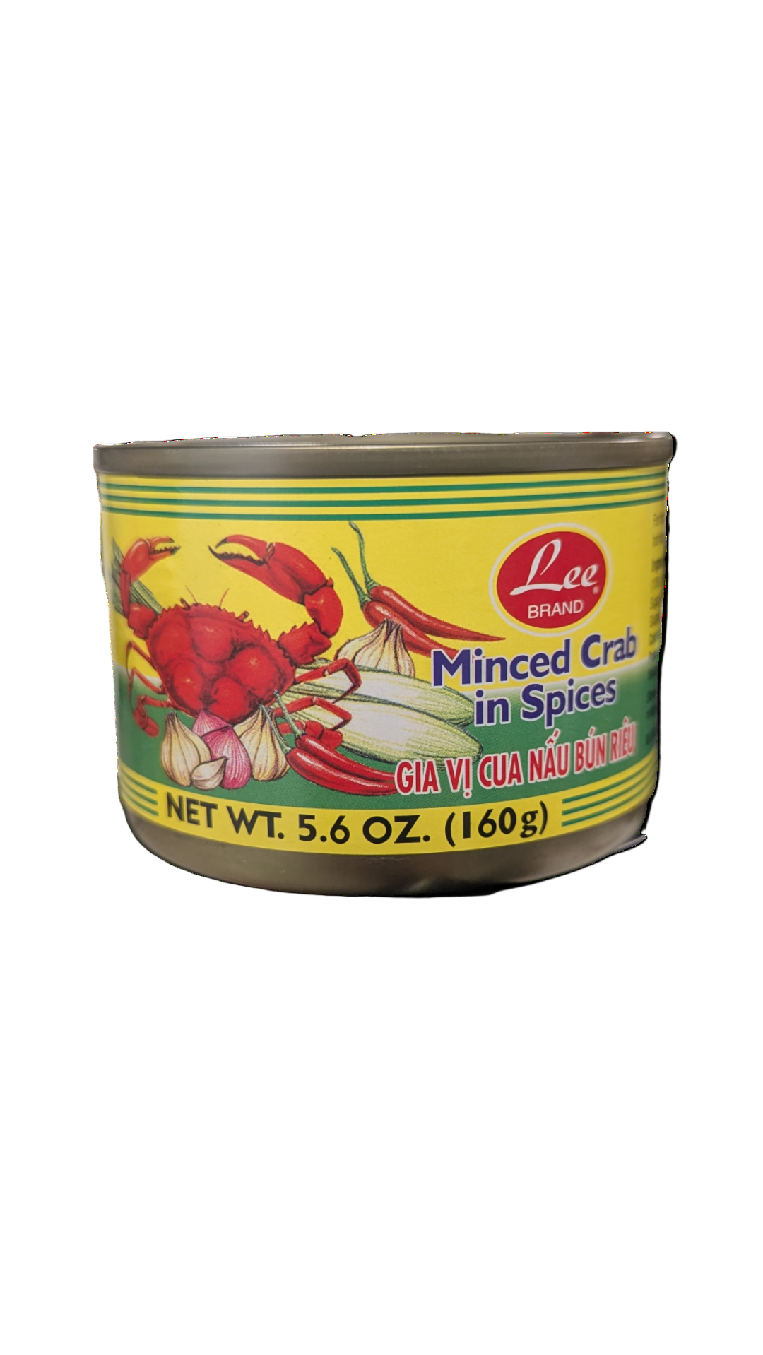 Can of Lee Minced Crab in Spices on a white background