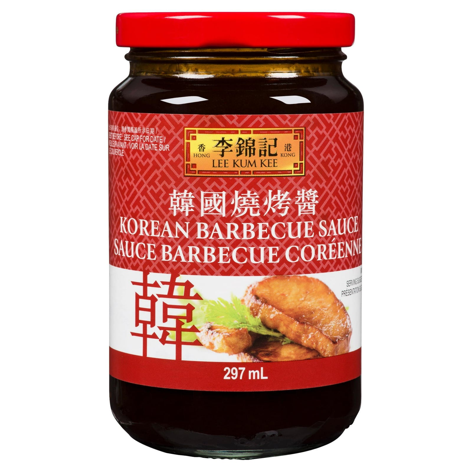 Jar of Lee Kum Kee Korean Barbecue Sauce featuring a piece of protein and lettuce on a red label.