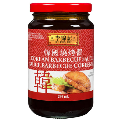 Jar of Lee Kum Kee Korean Barbecue Sauce featuring a piece of protein and lettuce on a red label.