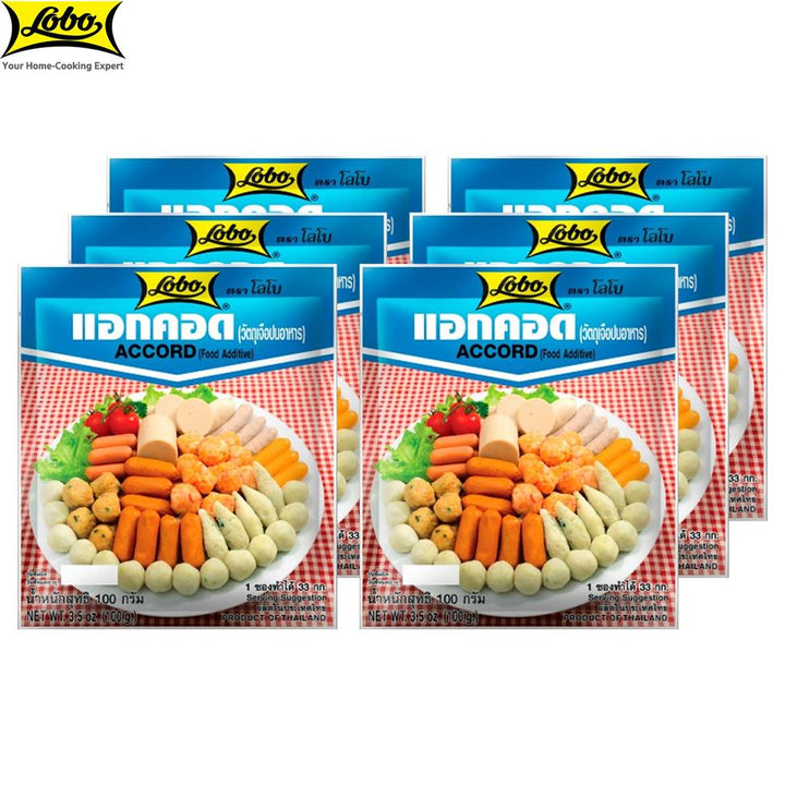 Multiple packages of Lobo brand food products on a checkered tablecloth.