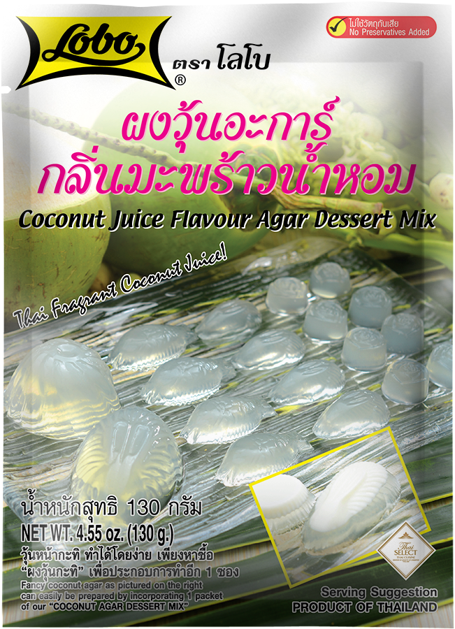 Lobo Coconut Juice Flavour Agar Dessert Mix packaging with text and images of dessert mix.