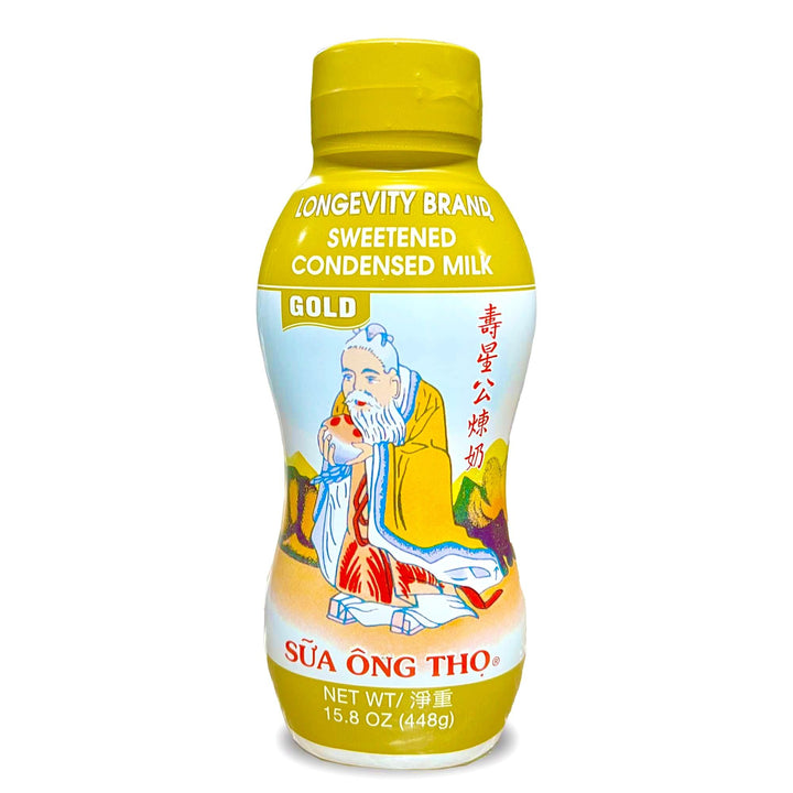 Plastic bottle of Longevity Brand Sweetened Condensed Milk Gold used for baking and coffee.
