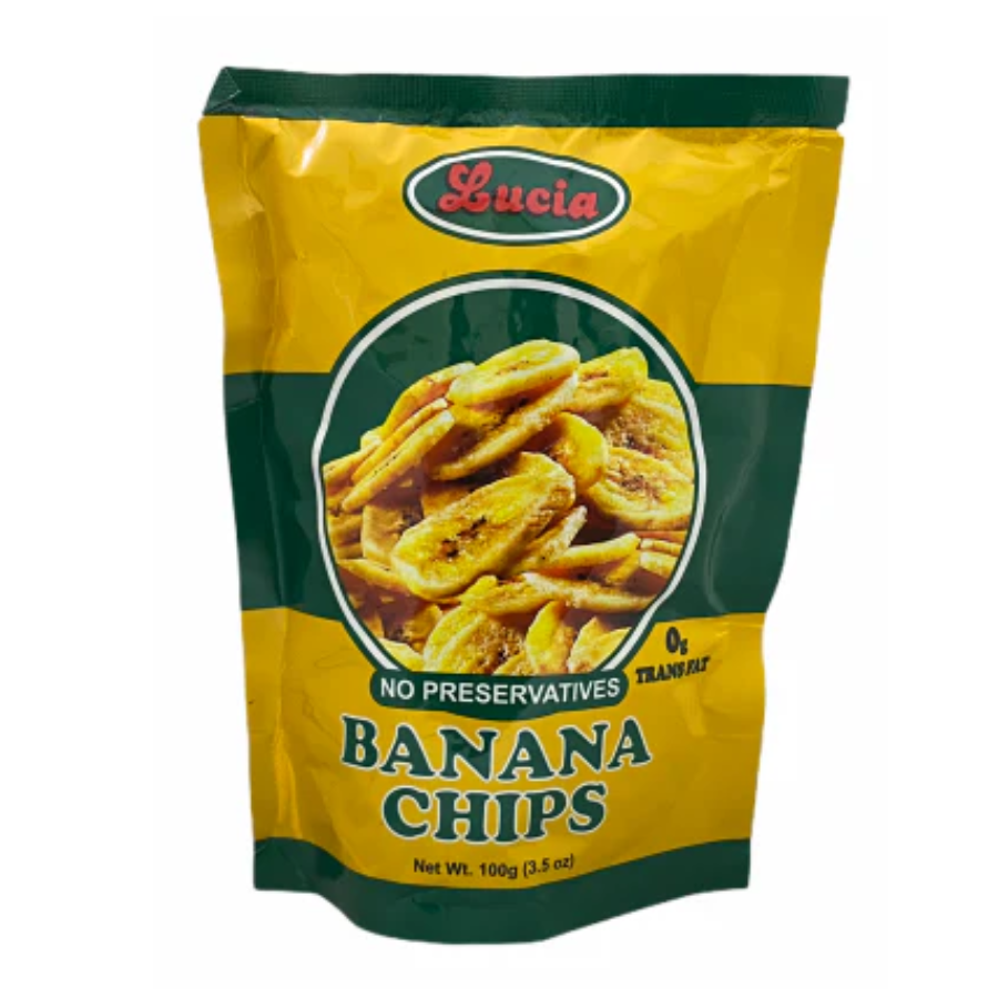 Lucia banana chips yellow packaging on a white background