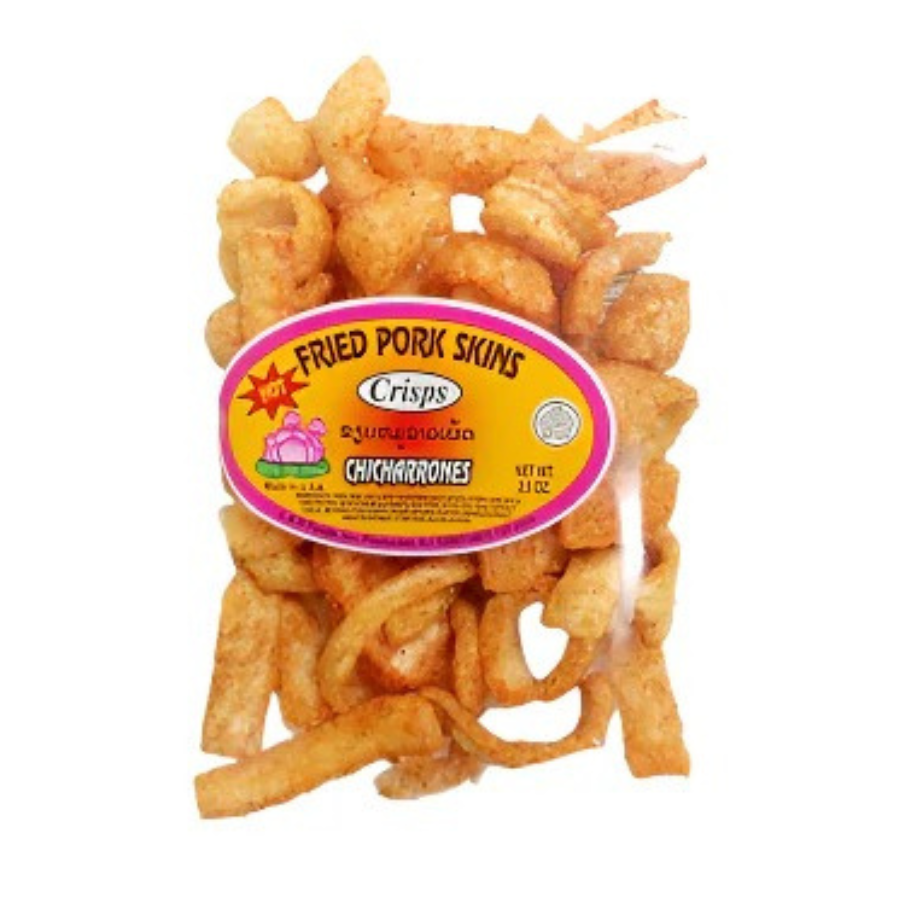 Packaged fried pork skins with a label on a white background