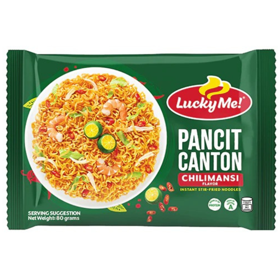 Lucky Me! Pancit Canton Chilimansi flavor package on a white background