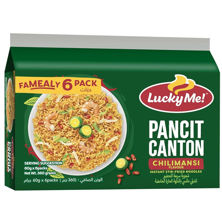 Packaging of Lucky Me! Pancit Canton Chilimansi instant stir-fried noodles with a green background.