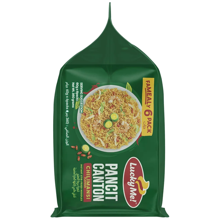 Green package of Lucky Me! Pancit Canton with a bowl of noodles on the label.