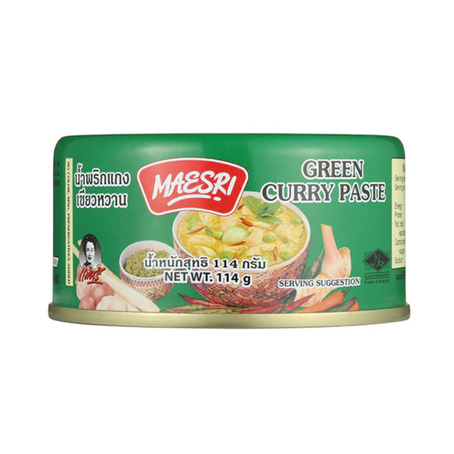 Emerald green can color of Maesri Green Curry Paste on a white background