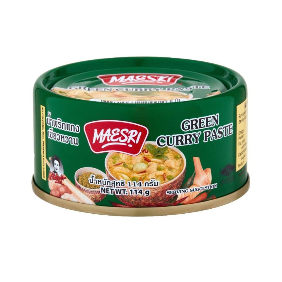 Maesri Green Curry Paste container on a white background