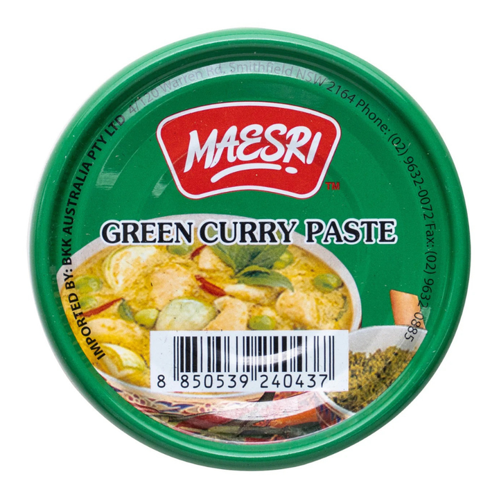 Maesri Green Curry Paste container with label on a white background