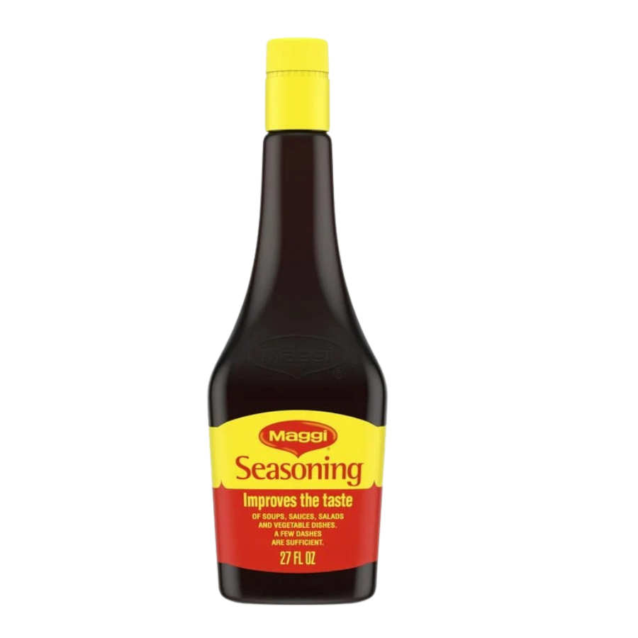 A bottle of Maggi Seasoning, with the label displaying the product name and branding.