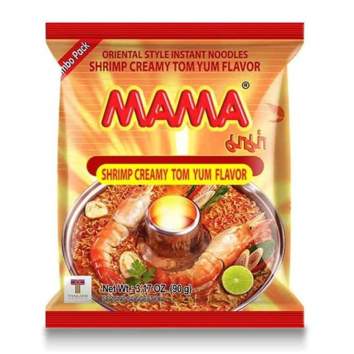 MAMA Shrimp Creamy Tom Yum flavor instant noodles packaging on a white background