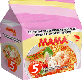 Mama Shrimp Flavor instant noodles packaging with a pink and yellow design.