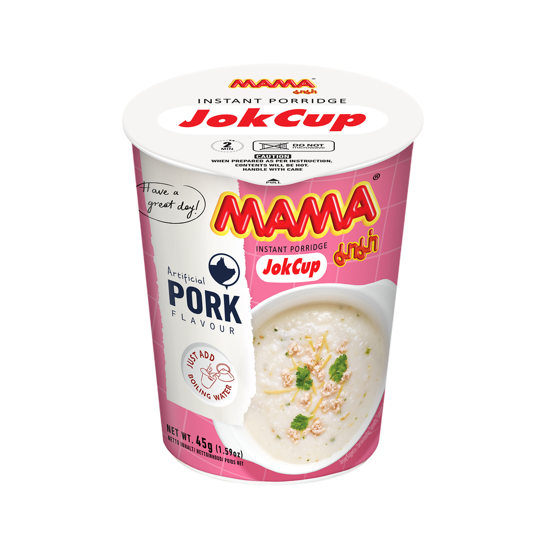 A cup of MAMA Instant Porridge JokCup Artificial Pork Flavour instant porridge, featuring a white and pink container with a bowl of prepared porridge pictured on the front, set against a plain white background.