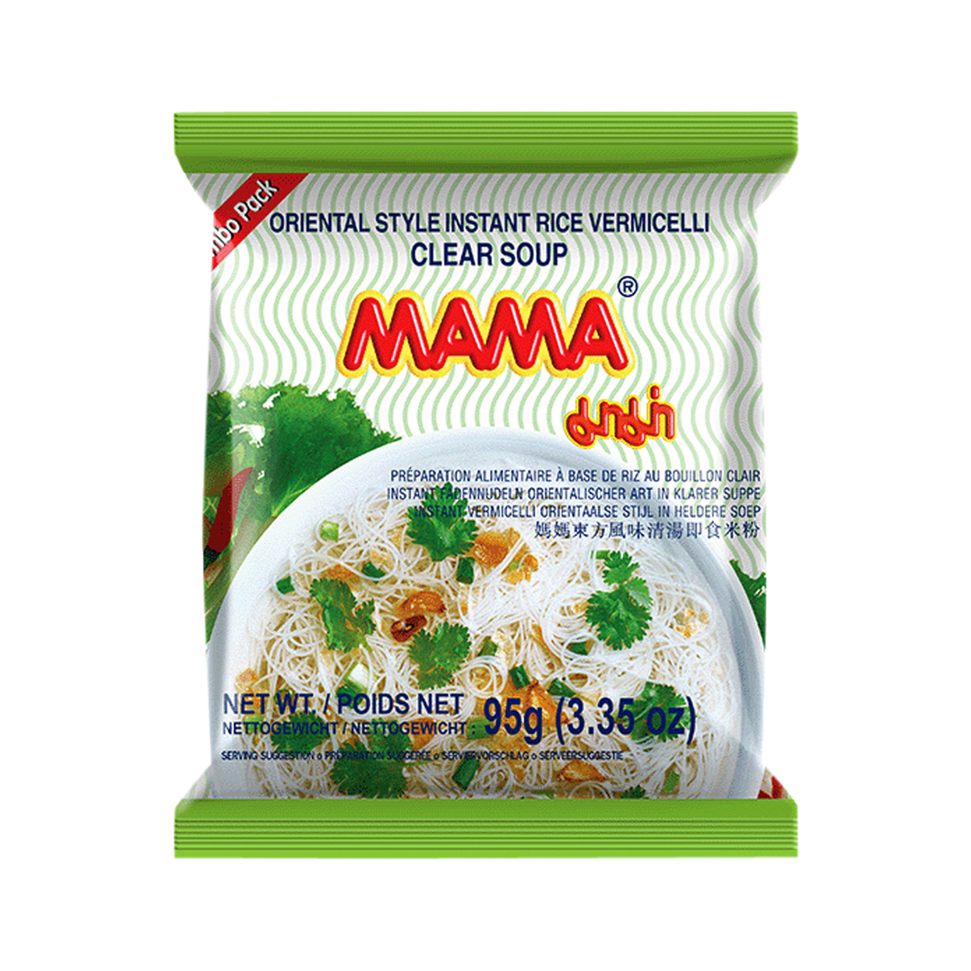 Mama brand oriental style instant rice vermicelli clear soup package on a white background