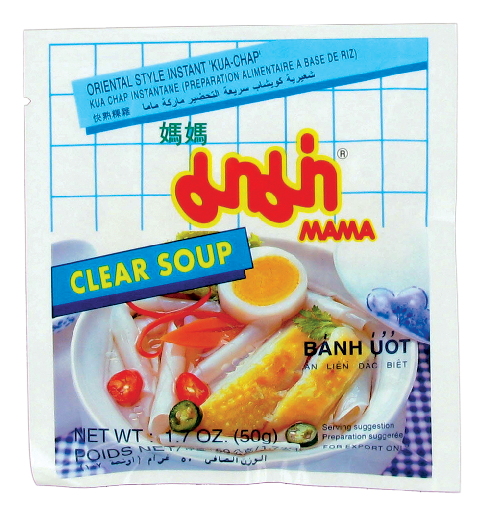 A package of Mama Clear Soup Oriental Style Instant Kua-Chap on a white background. The packaging features a blue grid pattern, a large red and yellow Mama logo, and a photo of the prepared soup with rice, egg, and vegetables.