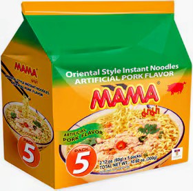 5 Packs of Mama Oriental Style Instant Noodles with artificial pork flavor