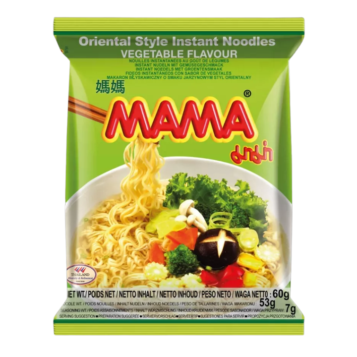 Packaging of Mama vegetable-flavored instant noodles on a white background