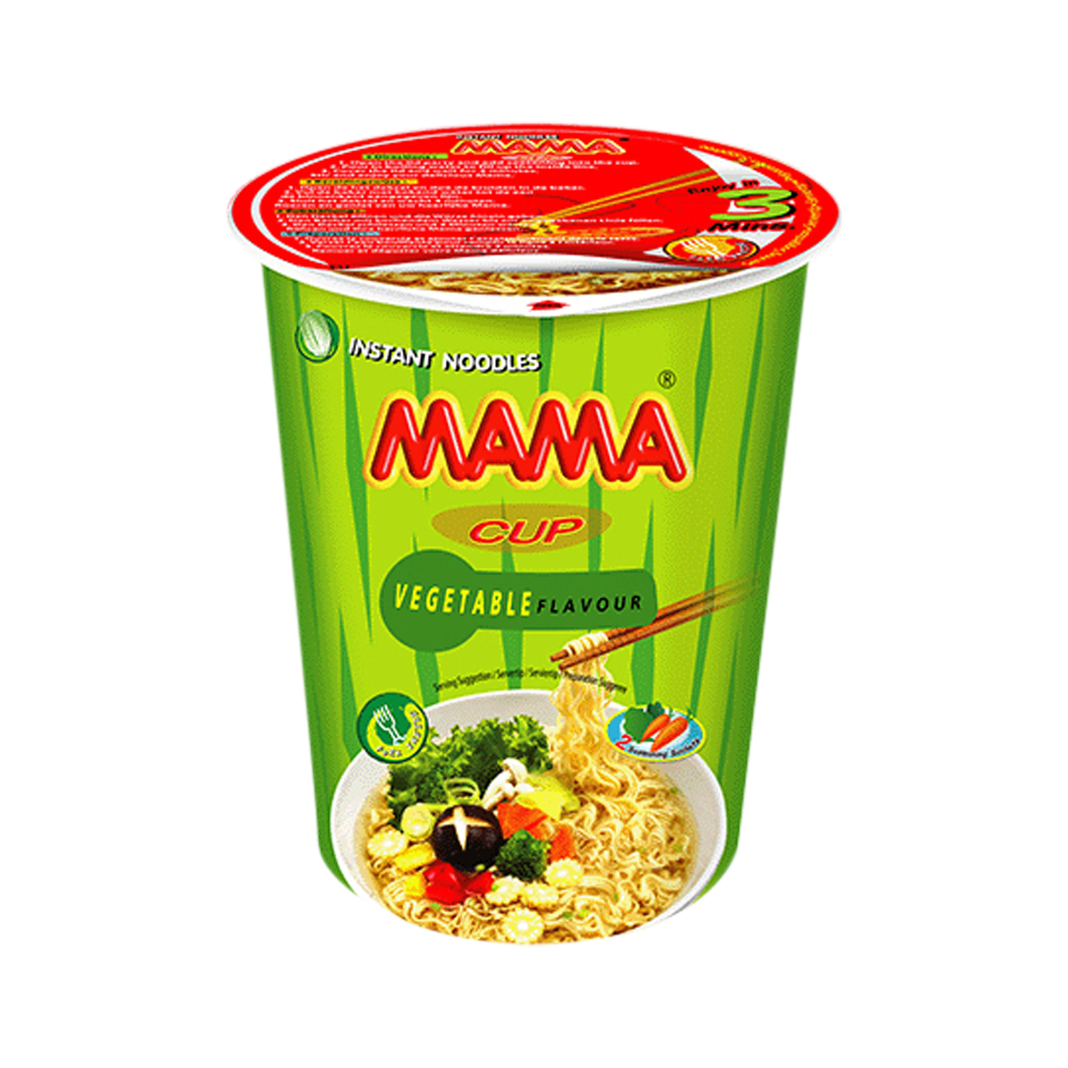 Mama instant noodles cup with vegetable flavor on a white background