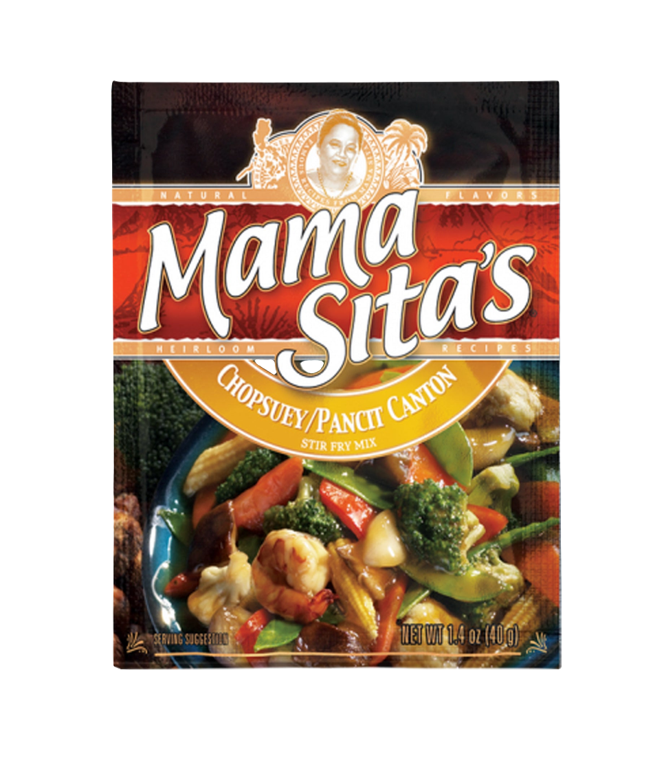 Packaging of Mama Sita's Chopsuey Pancit Canton Stir Fry Mix, featuring images of vegetables and the brand logo.