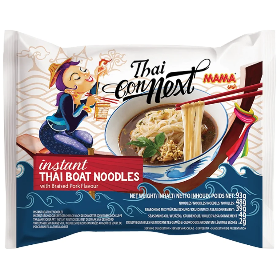 Packaging of Thai Boat Noodles with a cartoon character on a white background