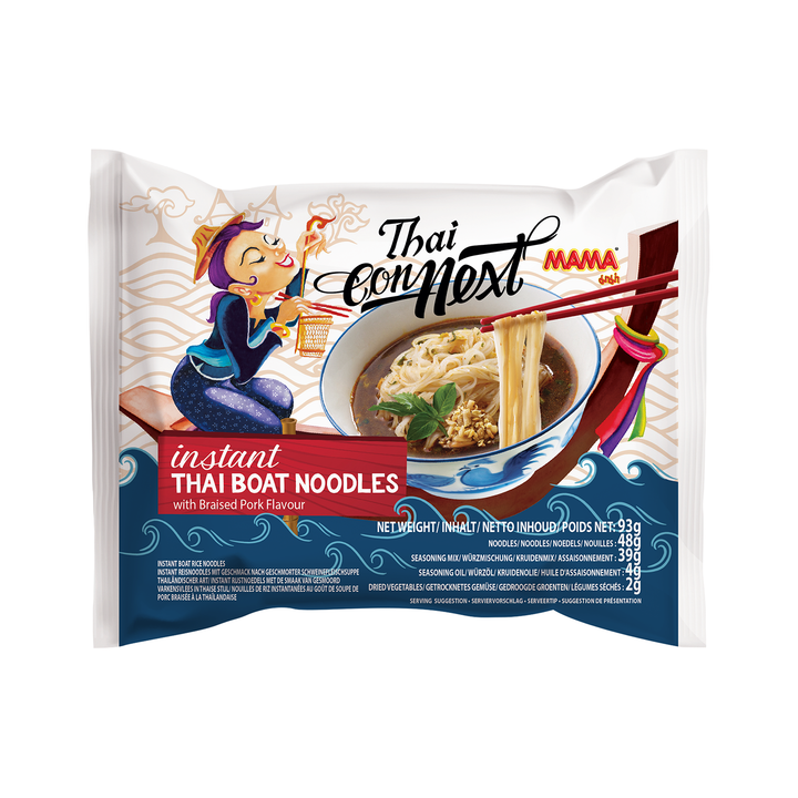 Packaging of Thai Boat Noodles with branding and product details on a white background