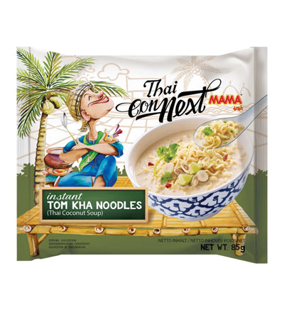 Packaging of Thai Mama instant Tom Kha Noodles with a cartoon character and coconut tree illustration.