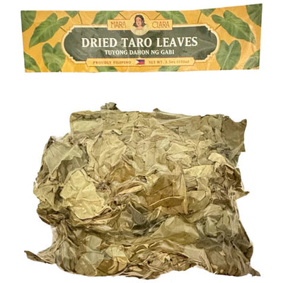 Dried taro leaves with packaging labeled 'Mara Clara' on a white background