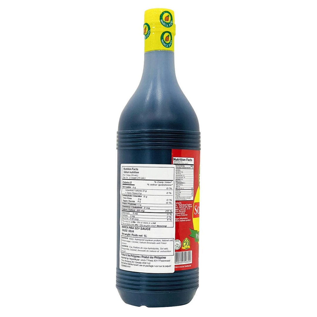 Bottle of soy sauce with label on a white background
