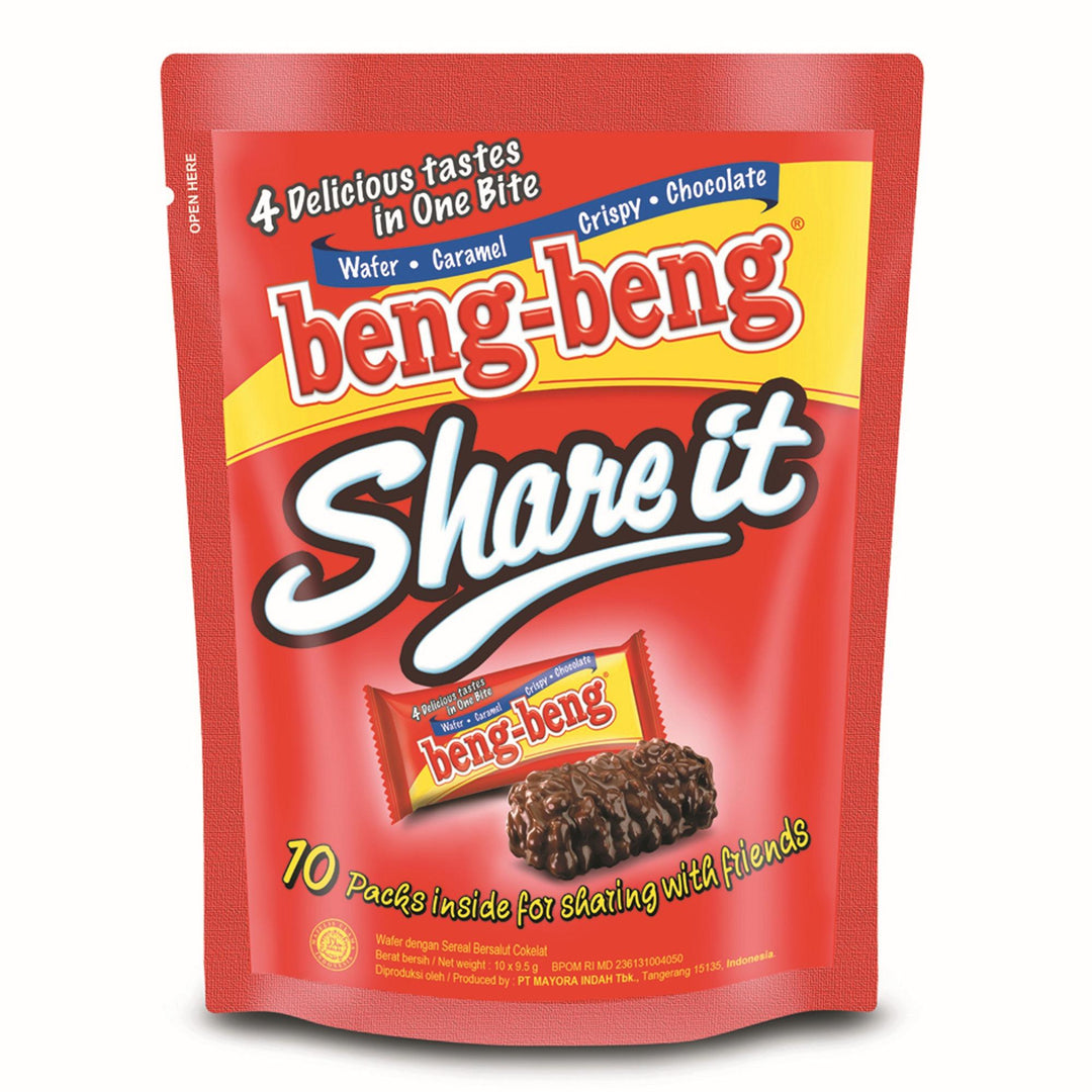Red packaging of Beng-Beng Share It candy bars with text and a small image of the candy bar on a white background.