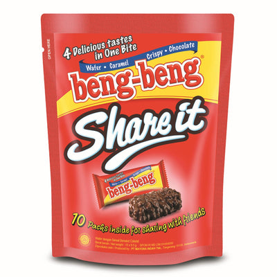 Red packaging of Beng-Beng Share It candy bars with text and a small image of the candy bar on a white background.